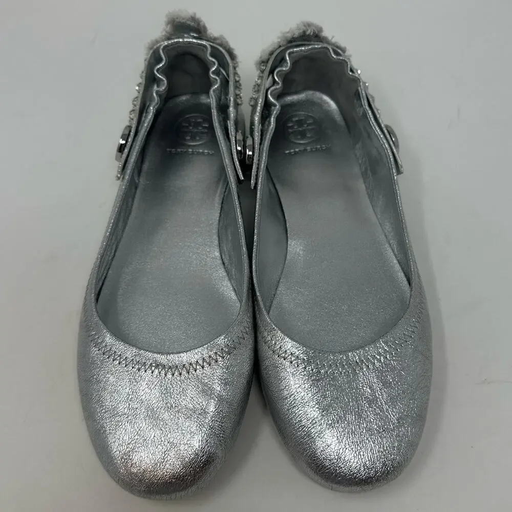 TORY BURCH Minnie Crystal Embellished Two Way Ballet Flat Silver Size 7.5